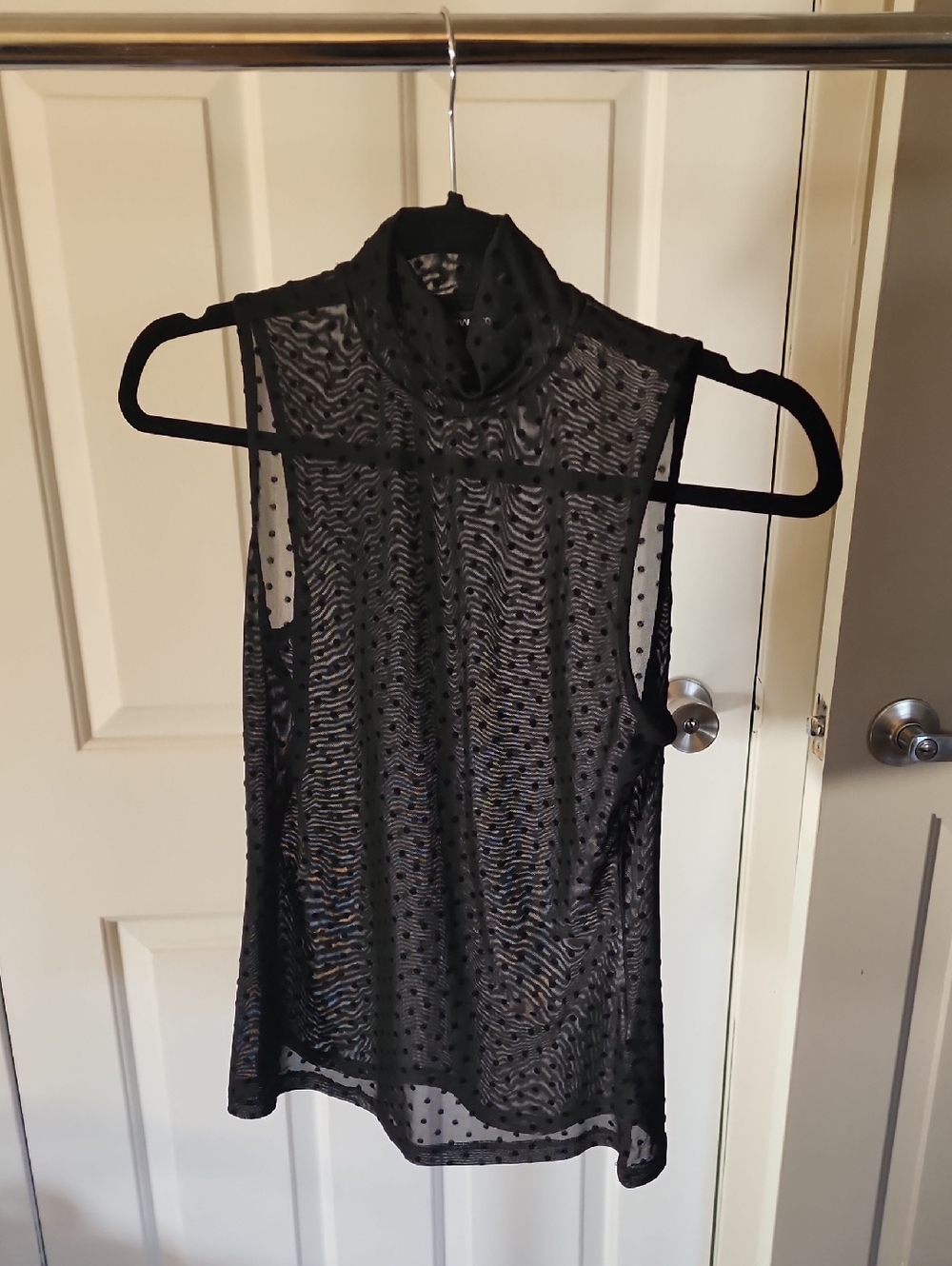 RW&CO. Black Sleeveless Sheer Polka Dot Mock-Neck Top